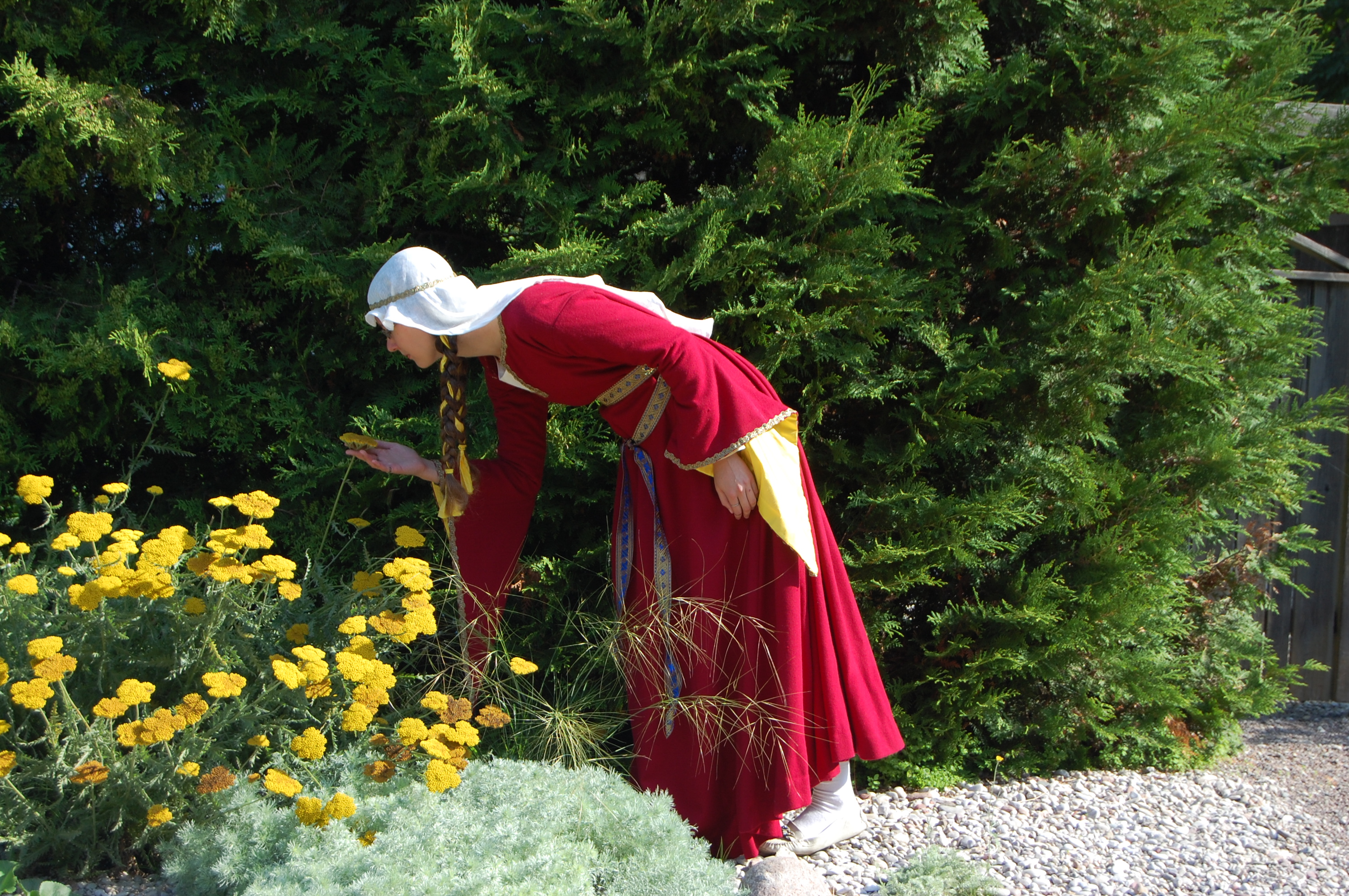 Luktar på blommor i röd medeltidsklänning