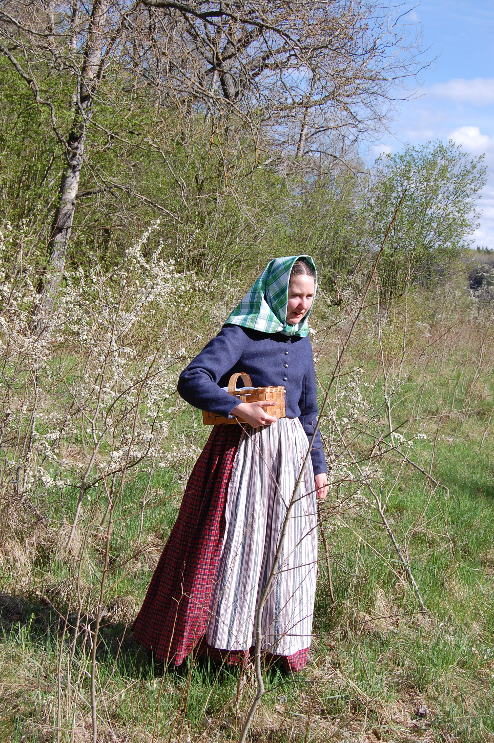 I 1850-talsklänning, förkläde, sjalett och vadmalsjacka, med korg, bland blommande slån.